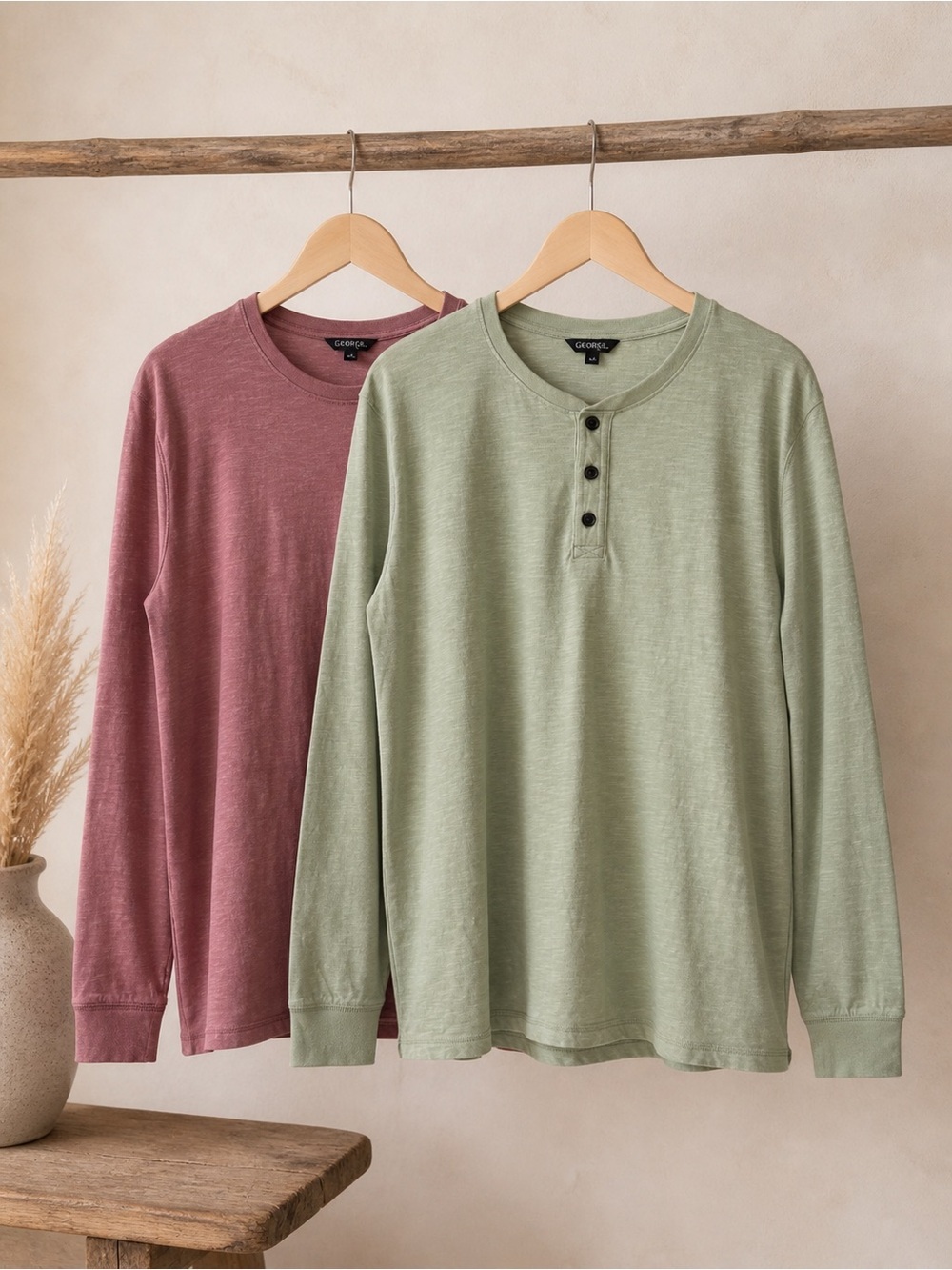 GEORGE | Set of Men's Light Green and Burgundy Henley Long Sleeve Shirt